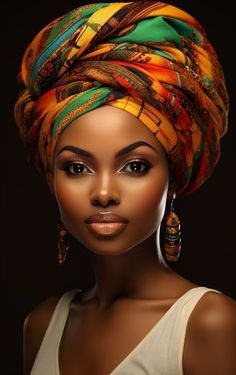 an african woman wearing a colorful turban