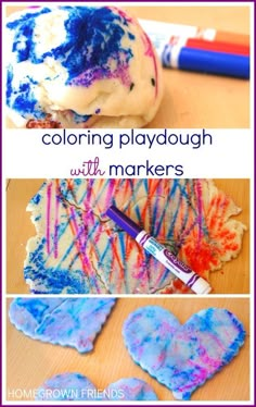 the process for making playdouh with markers and crayons is shown here