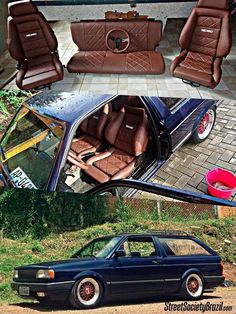 the interior and exterior of a car with brown leather seats