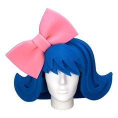 a blue wig with a pink bow on it