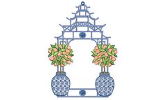 a blue and white vase with flowers in it next to a chinese archway that has a pagoda on top