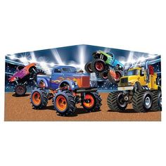 four monster trucks are in the middle of an arena with bright lights on it's sides