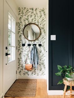 there is a mirror and coat rack on the wall in this entryway with a plant next to it