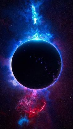 an artist's impression of a black hole in the sky with blue and red colors