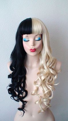 22" TWO TONE WIG: HALF BLONDE HALF BLACK - $180 #blackhairstyles Curly Wig With Bangs, Poofy Hair, Black Curls, Side Hairstyles, Punk Hair, Black And Blonde, Human Braiding Hair, Curly Hair With Bangs, Wig With Bangs