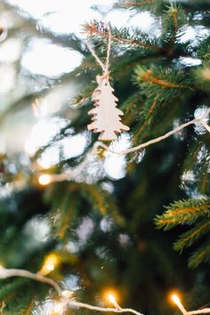 a christmas ornament hanging from a pine tree