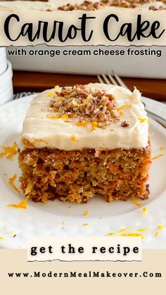 carrot cake with orange cream cheese frosting is on a white plate next to a fork