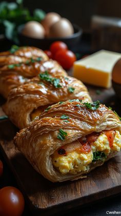 an omelet is cut in half on a cutting board next to tomatoes and eggs