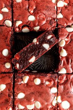 red velvet brownies with white chocolate chips are cut into squares and placed on top of each other