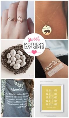 the mother's day gifts are on display in this collage with pictures and text