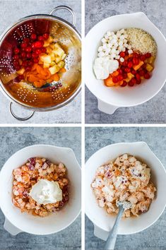 four pictures showing different stages of making food