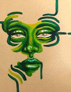 a painting of a woman's face with green lines coming out of her eyes