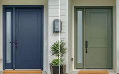 two pictures of the same front door, one with blue and green paint on it