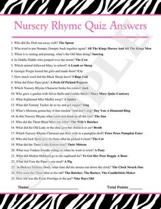 the nursery rhyme quiz answers are in pink and black zebra printables