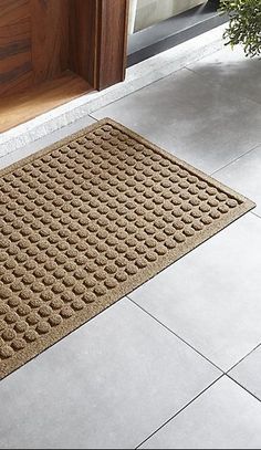 a brown door mat sitting on top of a floor next to a potted plant