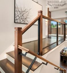 Glass Railing Indoor, Glass Wooden Railing, Wood Staircase With Glass Railing, Wooden Glass Railings For Stairs, Stair Railing Design Glass And Wood, Glass Railing With Wooden Handrail, Wood Stairs Glass Railing, Wood Railings For Stairs