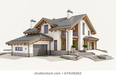 a 3d rendering of a house with two garages and steps leading up to the front door