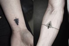 two people with matching tattoos on their arms, one has a triangle and the other has a tree