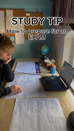 a person sitting at a desk with a laptop and papers in front of them that read study tip how to prepare for an exam