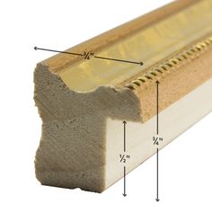 the side profile of a wooden window seal with measurements for each section and an area where it is cut in half