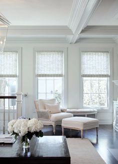 a living room filled with furniture and windows covered in white blinds on top of them