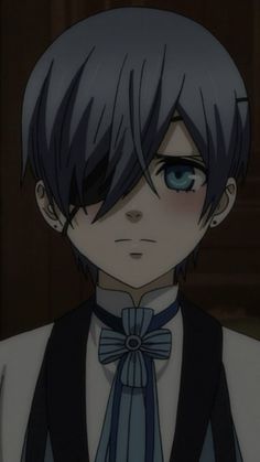 an anime character with grey hair and blue eyes wearing a bow tie, looking at the camera