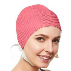 Beemo Swim Bathing Caps for Women or Girls Retro Style Latex Bubble Crepe Swimming Hat with Chin Strap for Long or Short Hair (H5137-LP) - Light Pink. These Cool classic swim caps - Are done in a bubble crepe Latex texture. Made up of the finest quality durable rubber. Fits more comfortable and is softer then a regular standard swim cap. Fashionable swim cap is made up of a latex base which keeps the water out it is soft, comfortable and easy to slip on and off. Available in different colors and Rubber Clothes, Swimming Outfits, Bathing Cap, Historic Fashion, Swim Cap, Long To Short Hair, Retro Fashion Women, Swimming Activities, Vintage Swimsuit