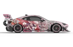 a pink car with anime characters painted on it