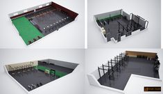 four different views of an open gym with benches and bars on each side, in three separate rooms