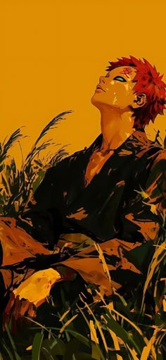 a painting of a man with red hair sitting in tall grass looking up into the sky