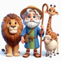 an old man with two animals and a giraffe standing next to each other