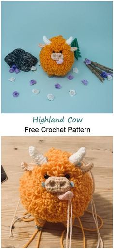 two pictures with different animals made out of crochet yarn, one has a face and the other has horns