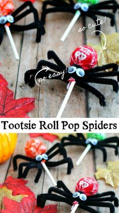 halloween candy pops are made to look like spiders with leaves on them and the words, tootsie roll pop spiders