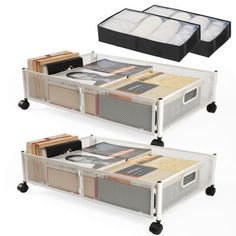 three different types of storage carts with books and magazines in them on wheels, one is empty