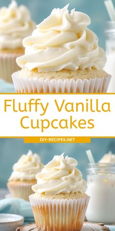 fluffy vanilla cupcakes with white frosting on top