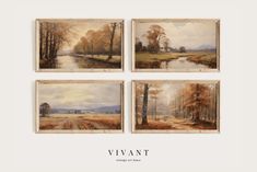 four paintings of trees and a river with the word vivant on it's side