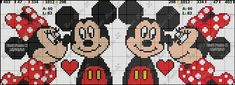 a cross stitch pattern with mickey and minnie mouses in red, white and black