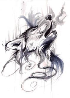 an ink drawing of a wolf with its head in the air and his eyes closed