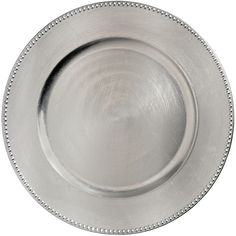 a silver plate with beaded edges on a white background