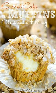 carrot cake muffins with cheesecake filling on a white paper plate and text overlay