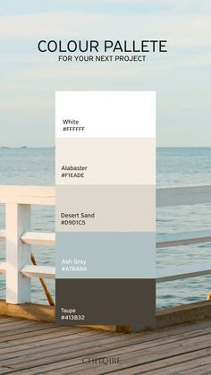 the color palette for your next project is white, blue, and gray with an ocean scene in the background