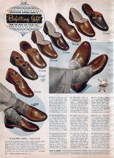 1950s Shoes: Styles, Trends & Pictures for Women & Men Fashion In The 1950s, 1950s Mens Shoes, 1950s Mens Fashion, 1950s Clothing, 1950s Shoes, Vintage Outfits Men, Historical Shoes, Funny Vintage Ads, Sears Catalog