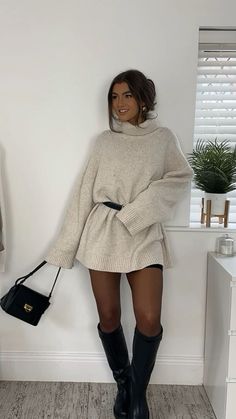 Winter Jumper Dress, Thanksgiving Outfit Sweater Dress, Girlie Winter Fits, Classy Sweater Dress Outfit, Winter Fashion Outfits Christmas, Cream Jumper Dress Outfit, Black Turtleneck Dress Outfit Winter, Beige Dress Winter Outfit, Delaney Childs Winter Outfits