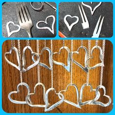 four different pictures of forks, spoons and heart shaped utensils hanging from chains