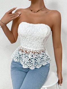 White Elegant Collar Sleeveless Woven Fabric Plain,All Over Print  Embellished Non-Stretch  Women Clothing Printed Tee Women, White Bustier, Lace Bandeau, White Lace Top, Holiday Party Outfit, Lovely Clothes, Simple Trendy Outfits, Casual Tops For Women, Blouse White