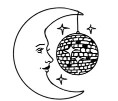 a black and white drawing of a moon with a face