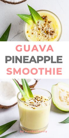 guava pineapple smoothie in two glasses on a white table with green leaves