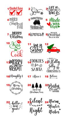 the twelve days of christmas with different font styles and designs on it, including santa's sleigh