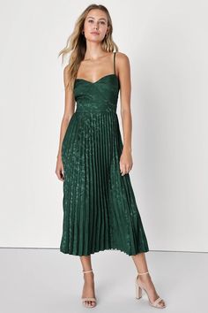 Emerald Satin Dress - Pleated Midi Dress - Floral Jacquard Dress - Lulus Green Semi Formal Dress, Midi Dress Wedding, Midi Dress Wedding Guest, Bm Dresses, English Wedding, Green Dresses, Dress Pleated, Mob Dresses, Stylish Party