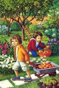 two children picking fruit from a wheelbarrow in a garden with flowers and trees